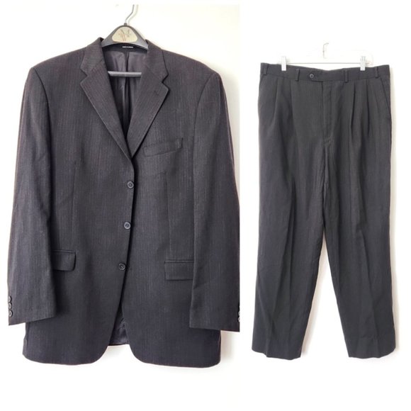 Vintage 90s DKNY Men's Suit Pants‎ Set Woolmark Pinstripe Charcoal Gray XL 50 - Picture 1 of 16